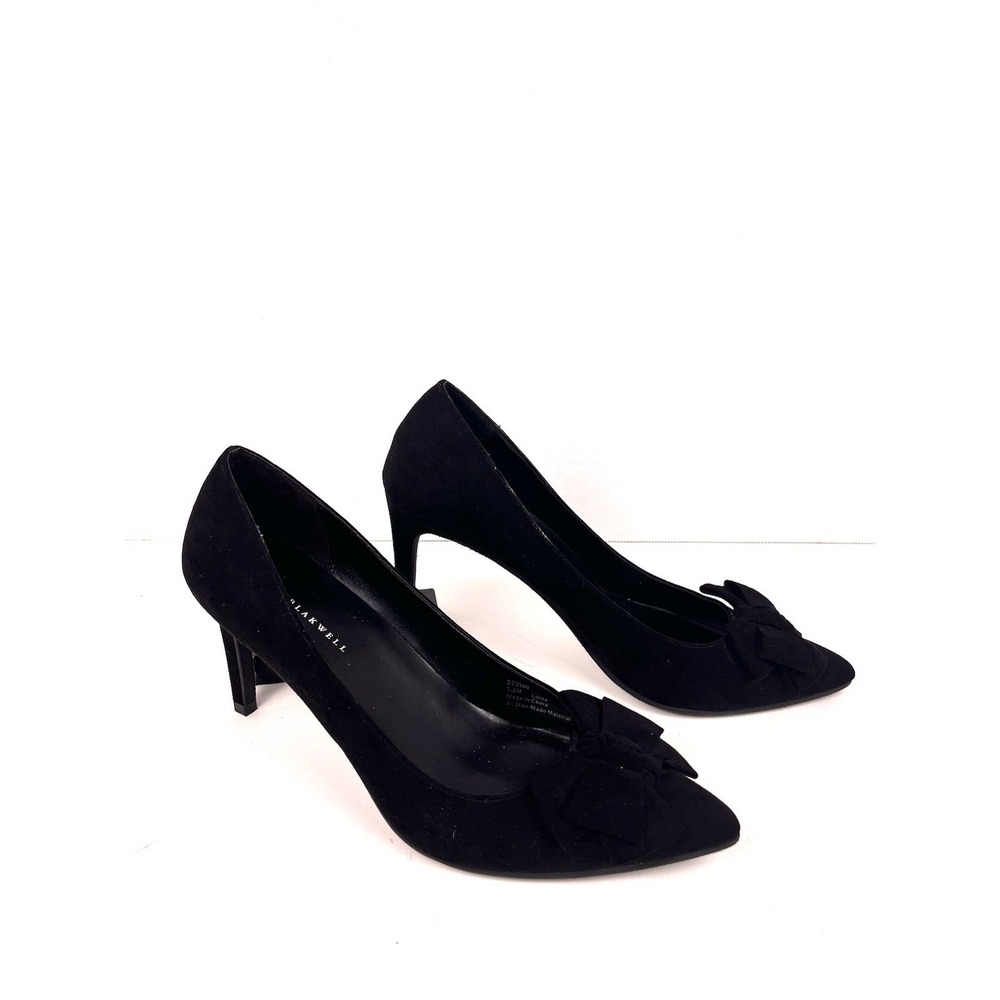 Lauren Blakwell Lolita Black Bow Heels Womens 7.5M Pointed Toe Pump Faux Suede